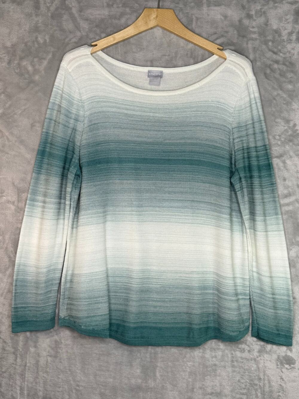 Chicos Sweater Womens Large White Green Ombre Stripe Boat Neck Cotton Blend